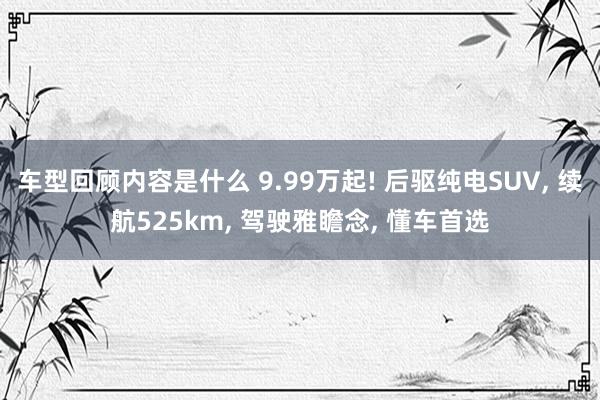 车型回顾内容是什么 9.99万起! 后驱纯电SUV, 续航525km, 驾驶雅瞻念, 懂车首选